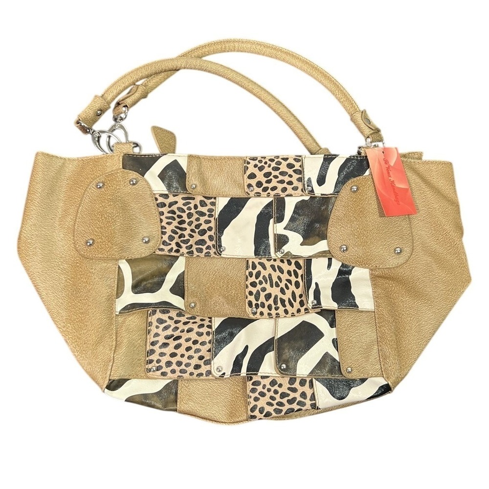 Be Your Handbags Animal Print Woven Faux Leather Shoulder Bag Tote Tan Brown New